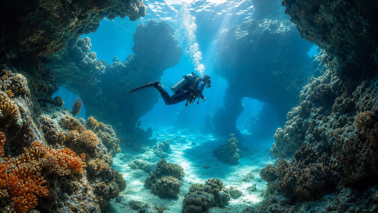 A scuba diver swimming through a beautiful underwater coral reef archway in clear blue tropical ocean water.