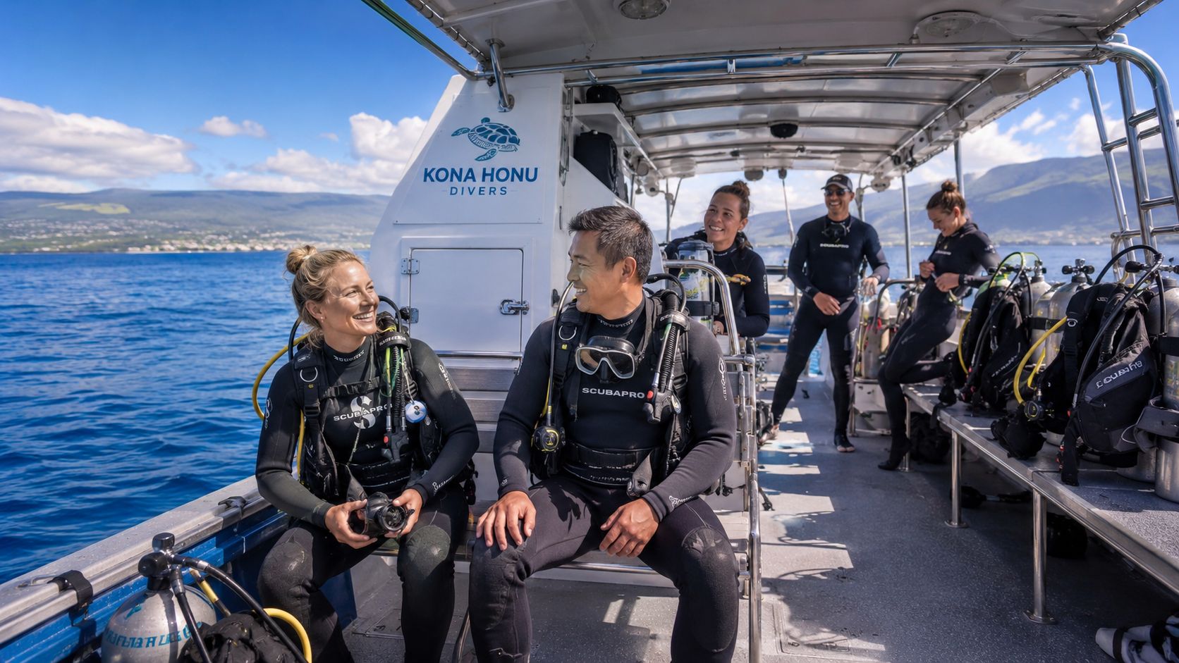 Scuba divers in wetsuits laughing and relaxing on a boat before a diving excursion in Hawaii.