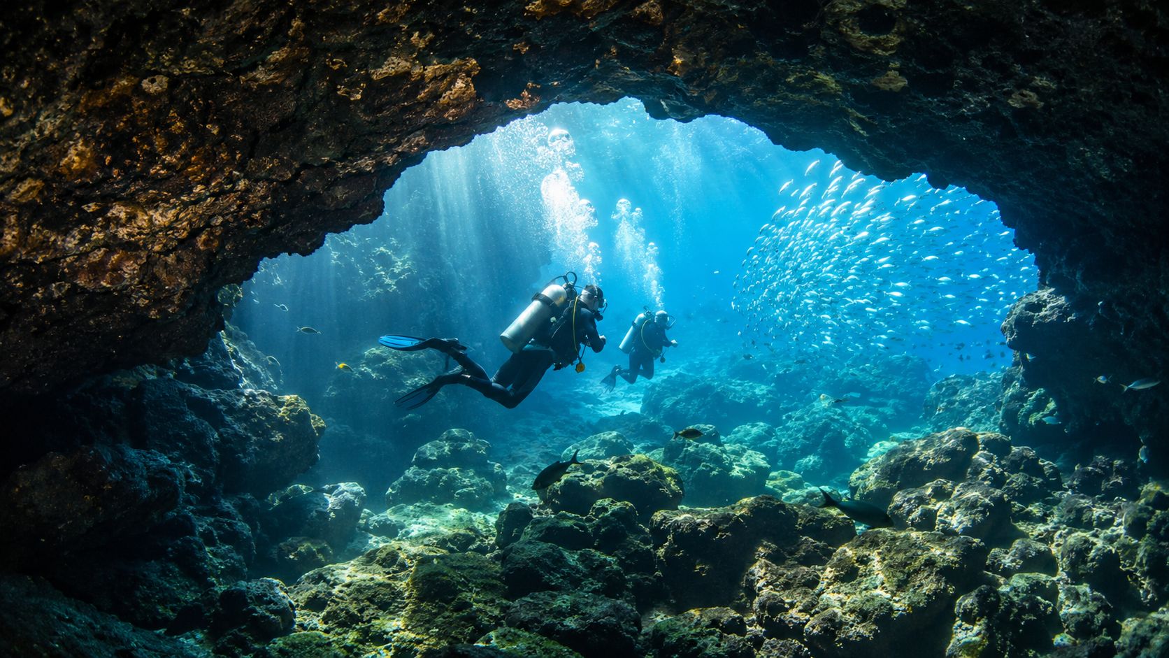 Two scuba divers exploring a beautiful underwater volcanic cave filled with sunlight and a school of fish.