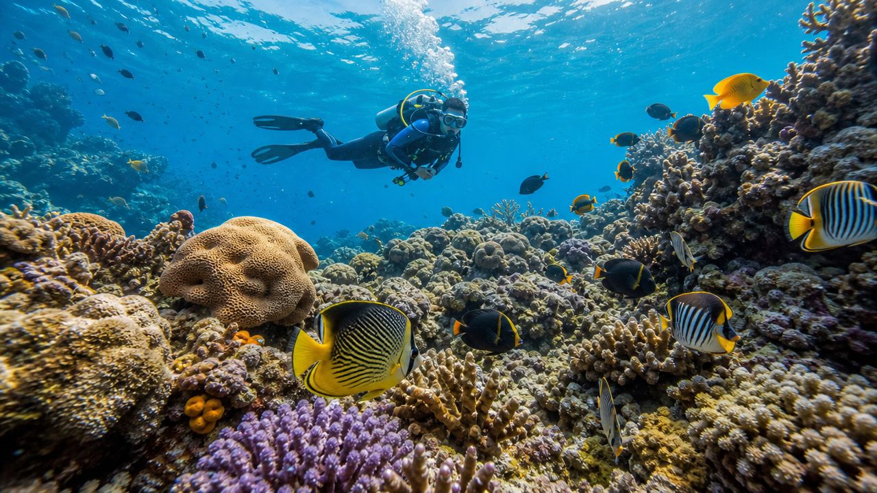 A scuba diver explores a vibrant coral reef teeming with colorful tropical fish on the Kona Big Island.