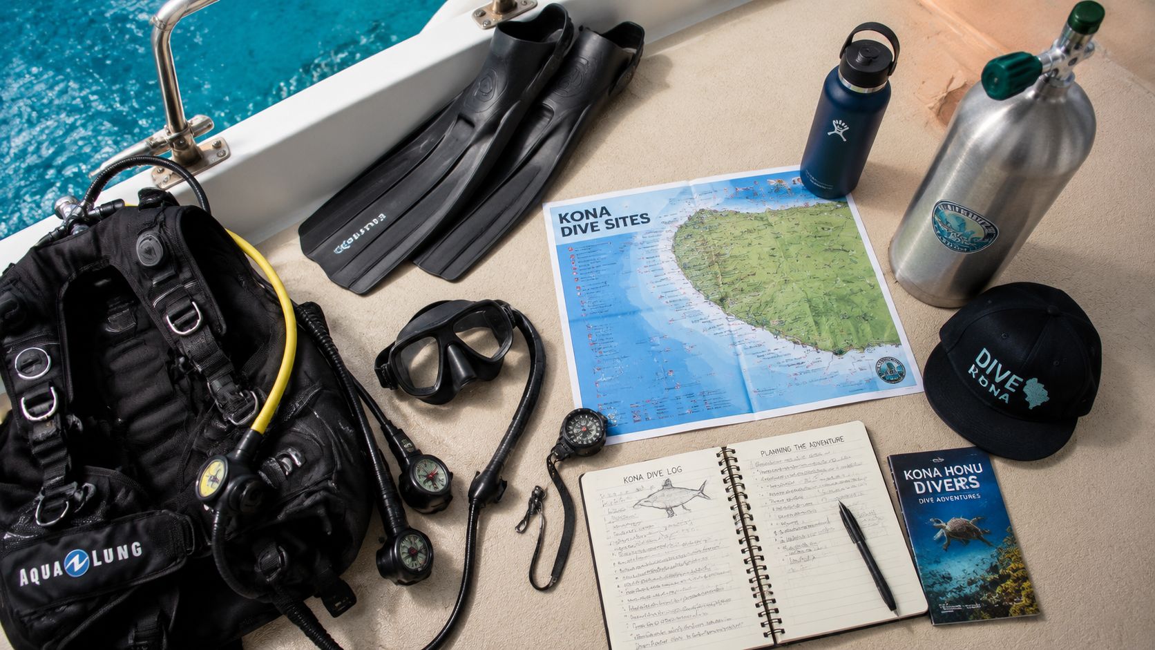 Scuba diving equipment and gear laid out on a boat deck for a trip in Kona.