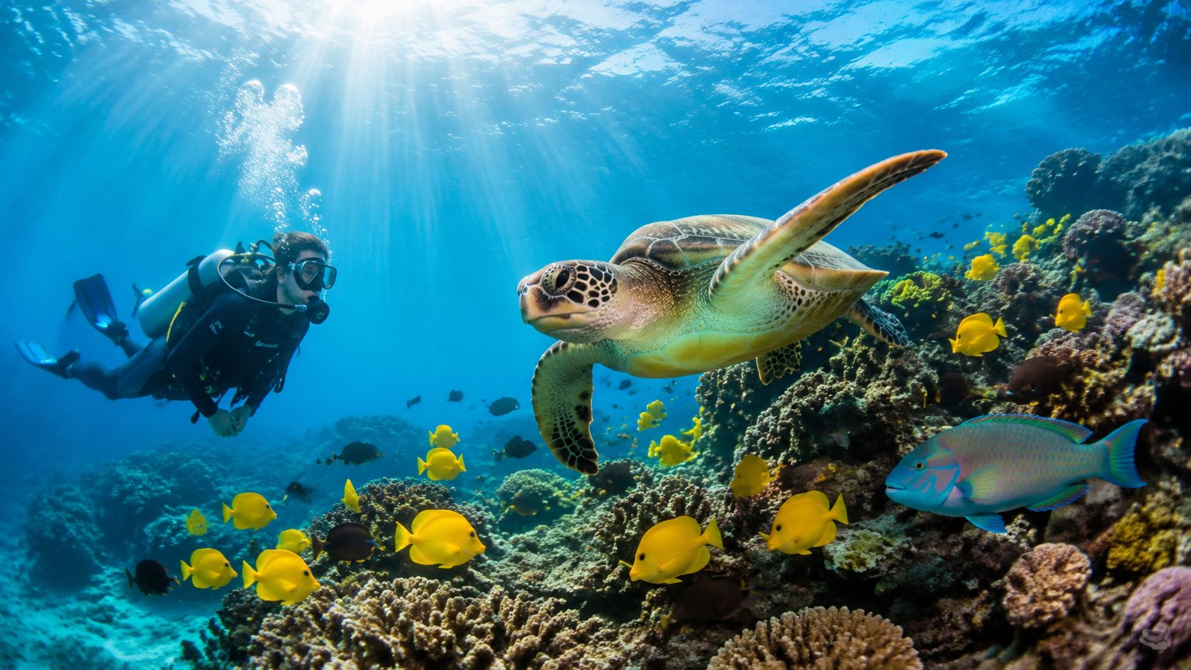 A scuba diver explores a vibrant coral reef alongside a large green sea turtle and tropical fish.
