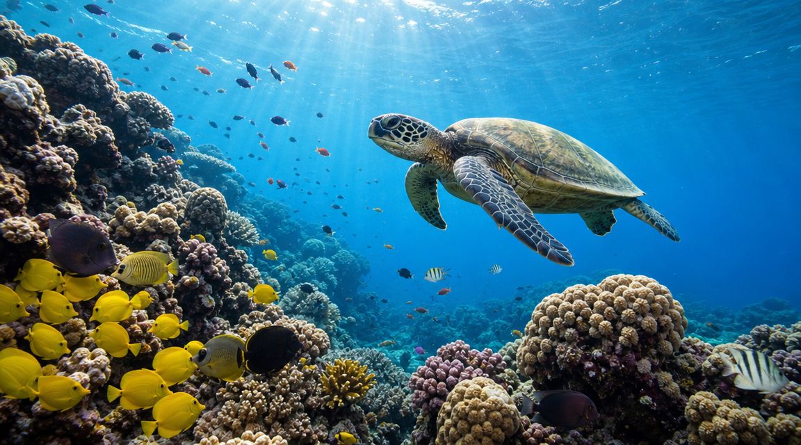 A sea turtle swims gracefully through vibrant coral reefs in the clear, sunlit waters of Hawaii.