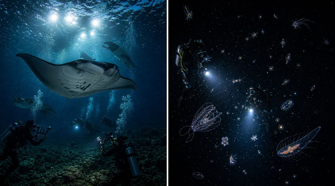 Scuba divers exploring the dark waters off the coast of Kona, Hawaii, interacting with manta rays and jellyfish.