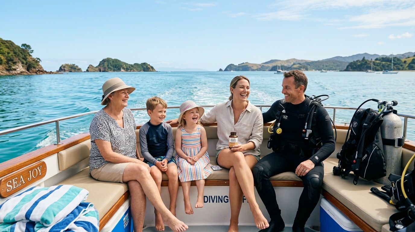 A happy family relaxing on a boat while traveling across a beautiful turquoise ocean with scenic islands.