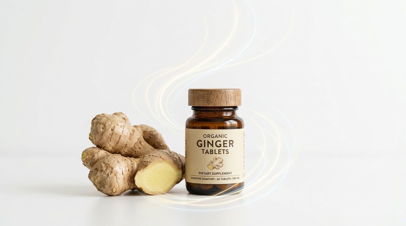 A brown glass bottle of organic ginger tablets next to fresh ginger root on a white surface.