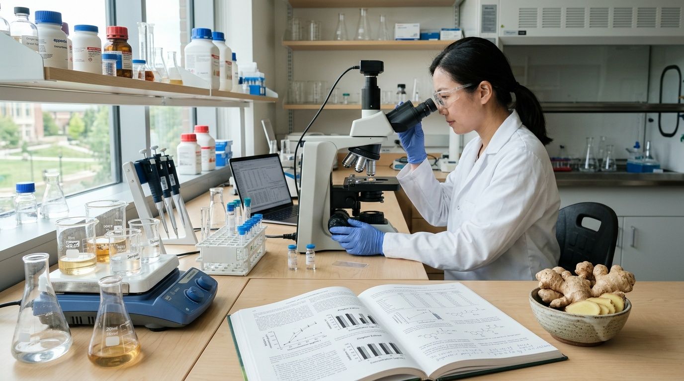 A scientist in a white lab coat uses a microscope to study ginger samples in a laboratory.