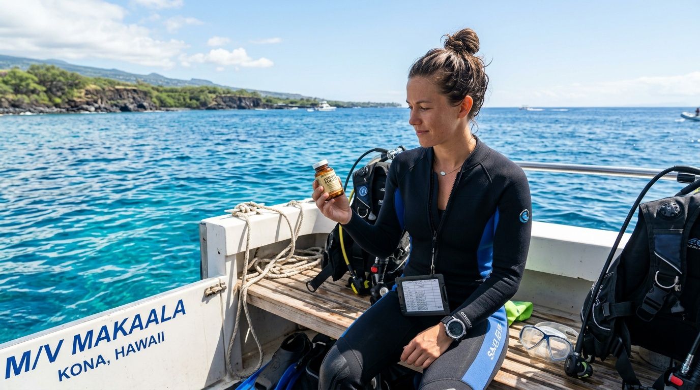 A woman in a wetsuit on a boat in Hawaii holding a bottle of ginger tablets.
