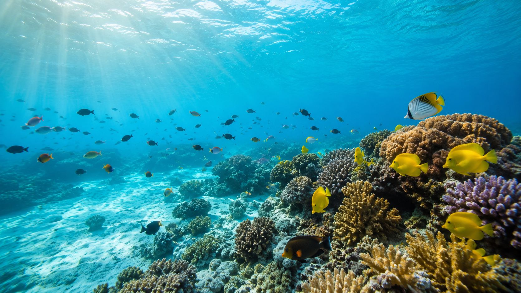 A vibrant coral reef underwater scene in Hawaii filled with colorful tropical fish and bright sunlight beams.