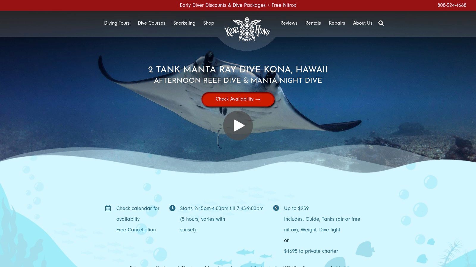 Screenshot from https://konahonudivers.com/diving-tours/2-tank-manta-dive-snorkel/?ref=blog