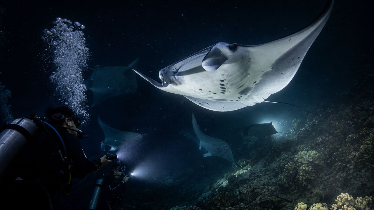 Scuba divers use flashlights to view several large manta rays swimming in the dark ocean water.
