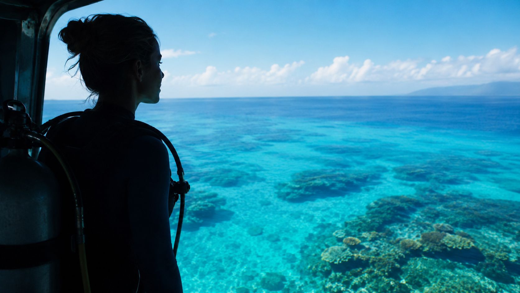 A woman in a wetsuit looks out over the vibrant clear blue ocean before scuba diving.