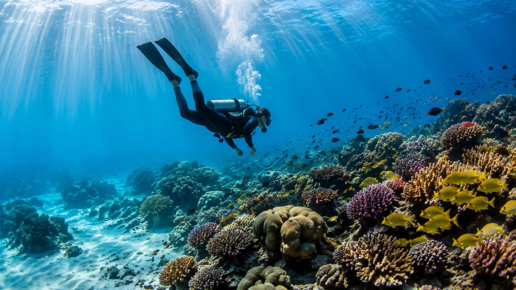 A scuba diver explores a colorful coral reef with bright fish under the tropical sunlit water.