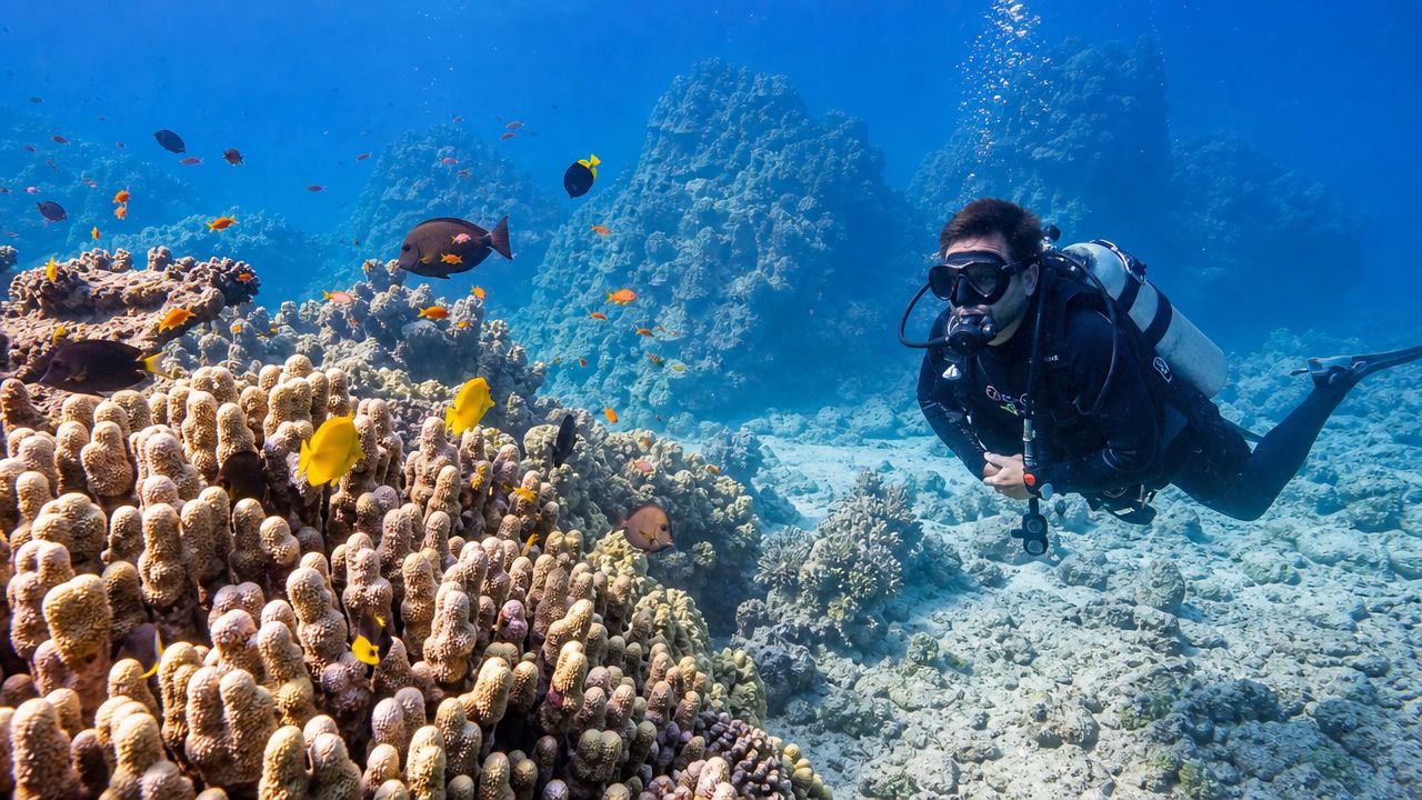 A scuba diver explores a vibrant coral reef filled with colorful tropical fish in crystal clear water.