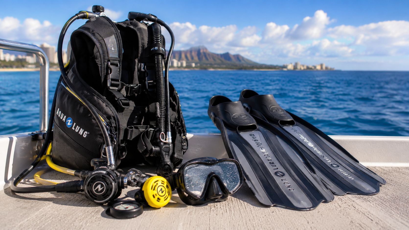 Scuba diving equipment including a buoyancy compensator, mask, and fins set on a boat deck in Hawaii.