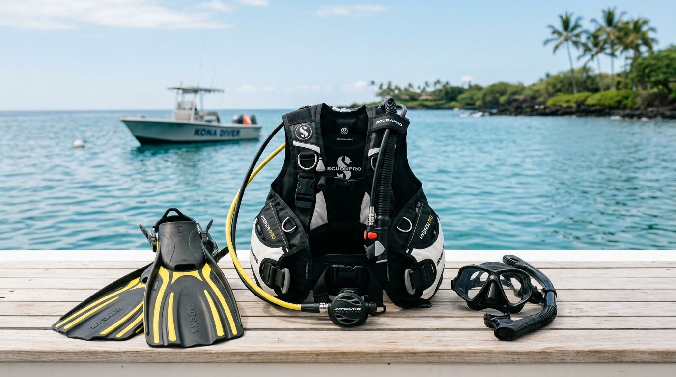 Scuba diving equipment including a buoyancy compensator, fins, and mask arranged on a deck with a boat background.