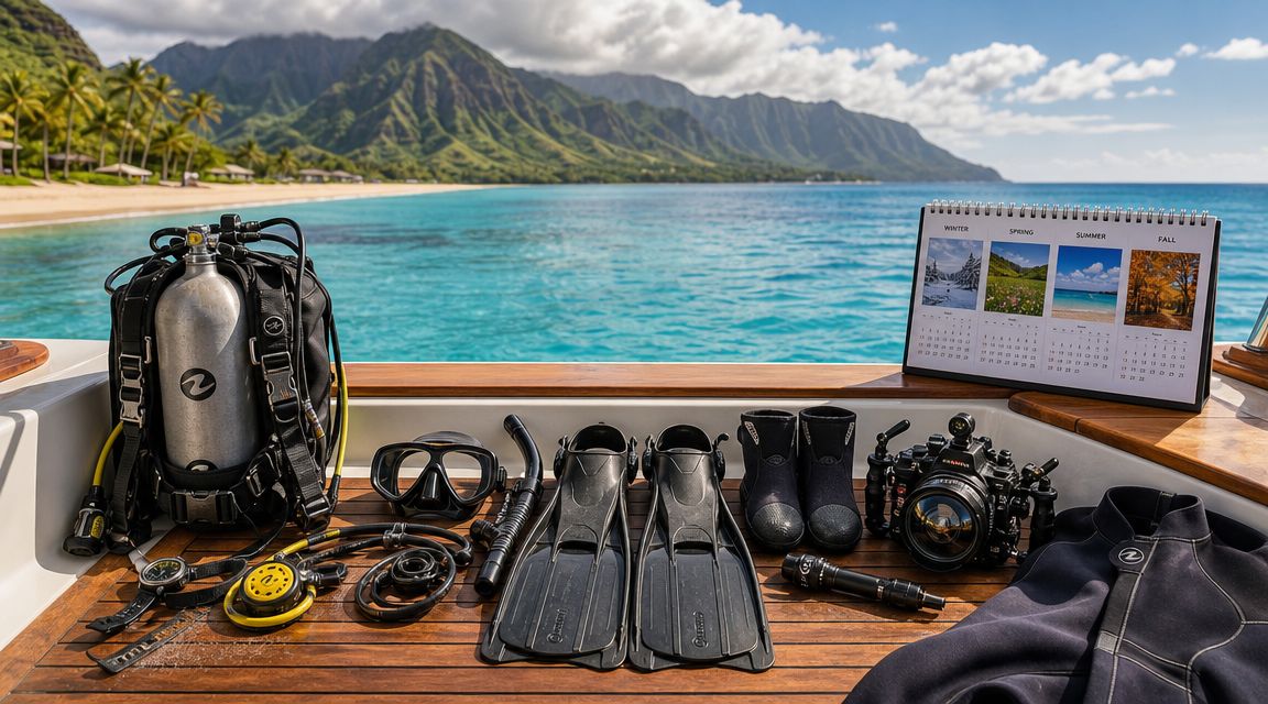 Scuba diving equipment and a calendar laid out on a boat deck overlooking a tropical Hawaiian beach.
