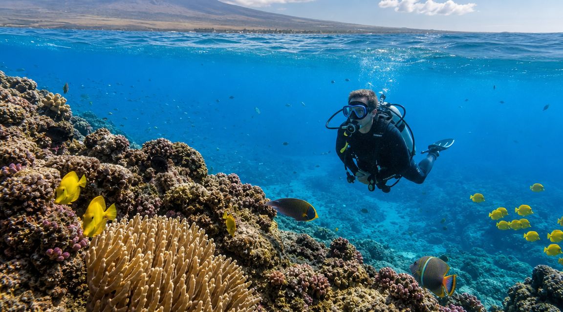 A scuba diver explores a colorful tropical coral reef filled with yellow fish in clear blue water.