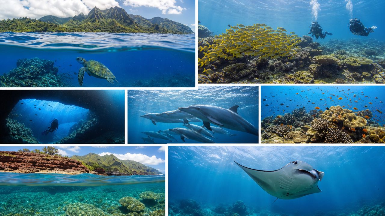 A collage showcasing scuba divers exploring underwater reefs, sea turtles, dolphins, and manta rays in Hawaii.