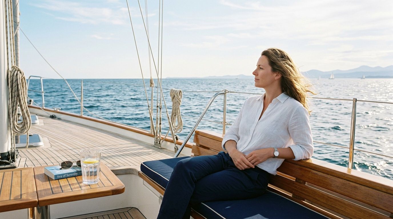 A woman sits on a wooden sailboat deck enjoying the ocean view while reading a book
