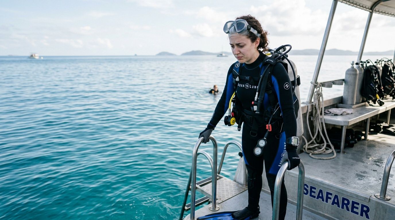 A female scuba diver in a wetsuit stands on a boat ladder preparing to enter the ocean.