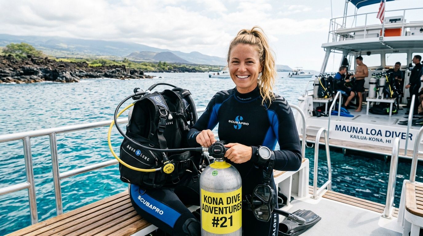 A smiling scuba diver preparing her gear on the deck of a Mauna Loa Diver boat.