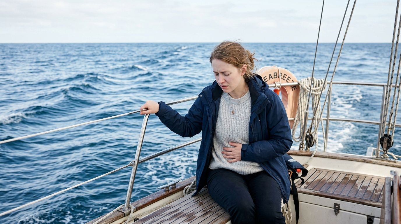 A woman suffering from seasickness while sitting on the deck of a sailing boat at sea