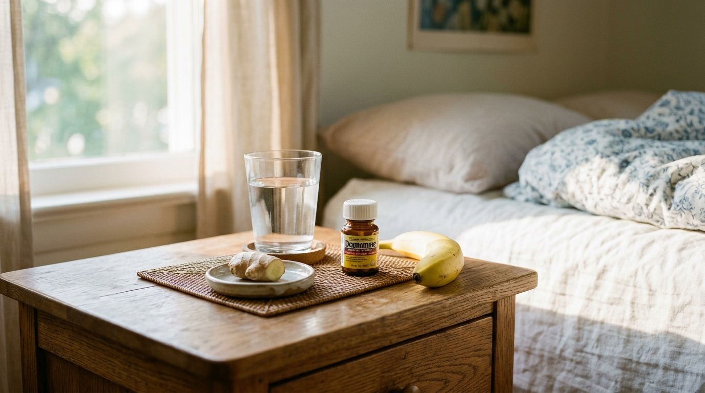 A bedside table with a glass of water, a banana, a ginger root, and pills for motion sickness.