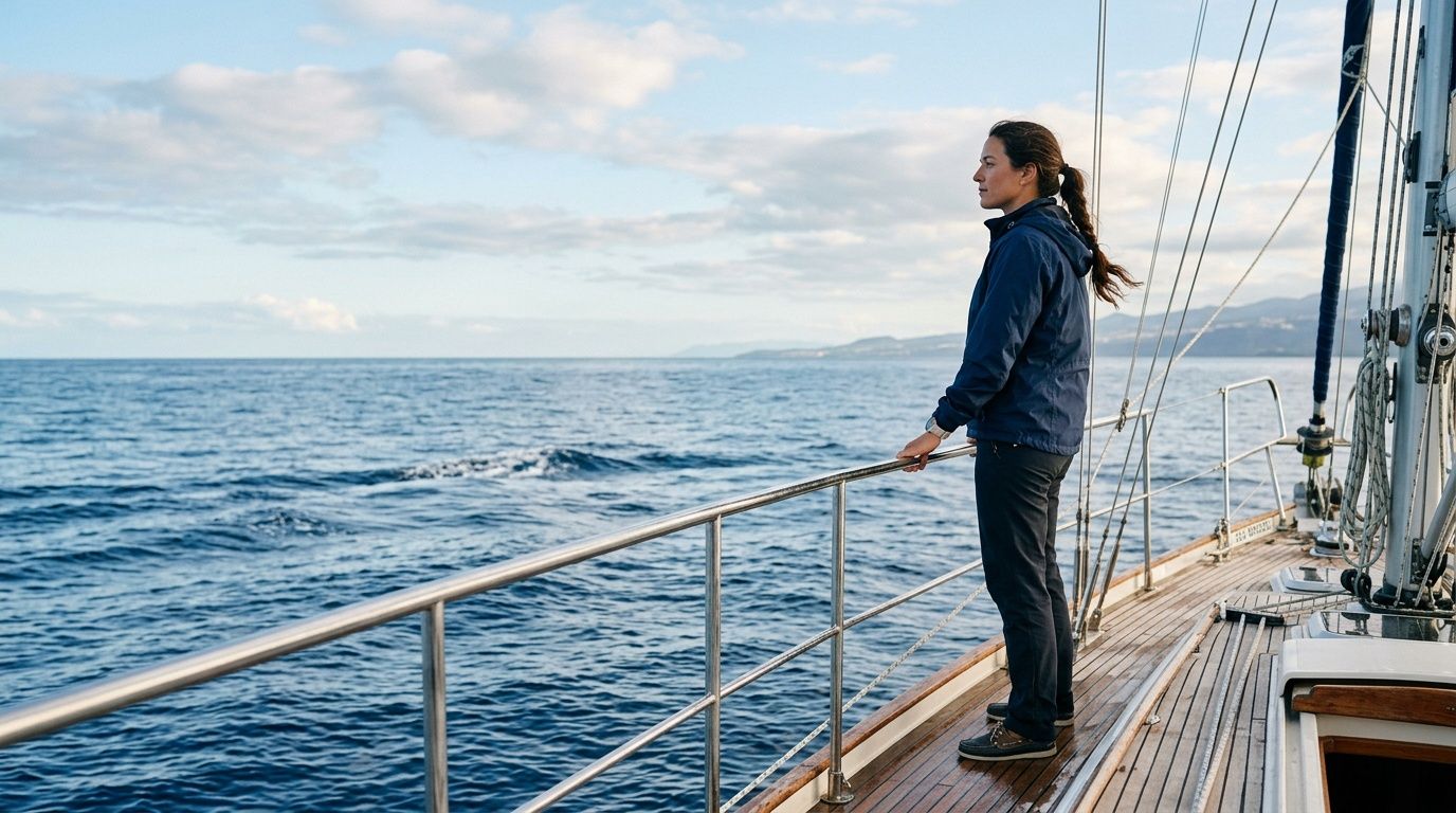 A woman stands on the deck of a sailboat, looking out at the vast, calm ocean horizon.