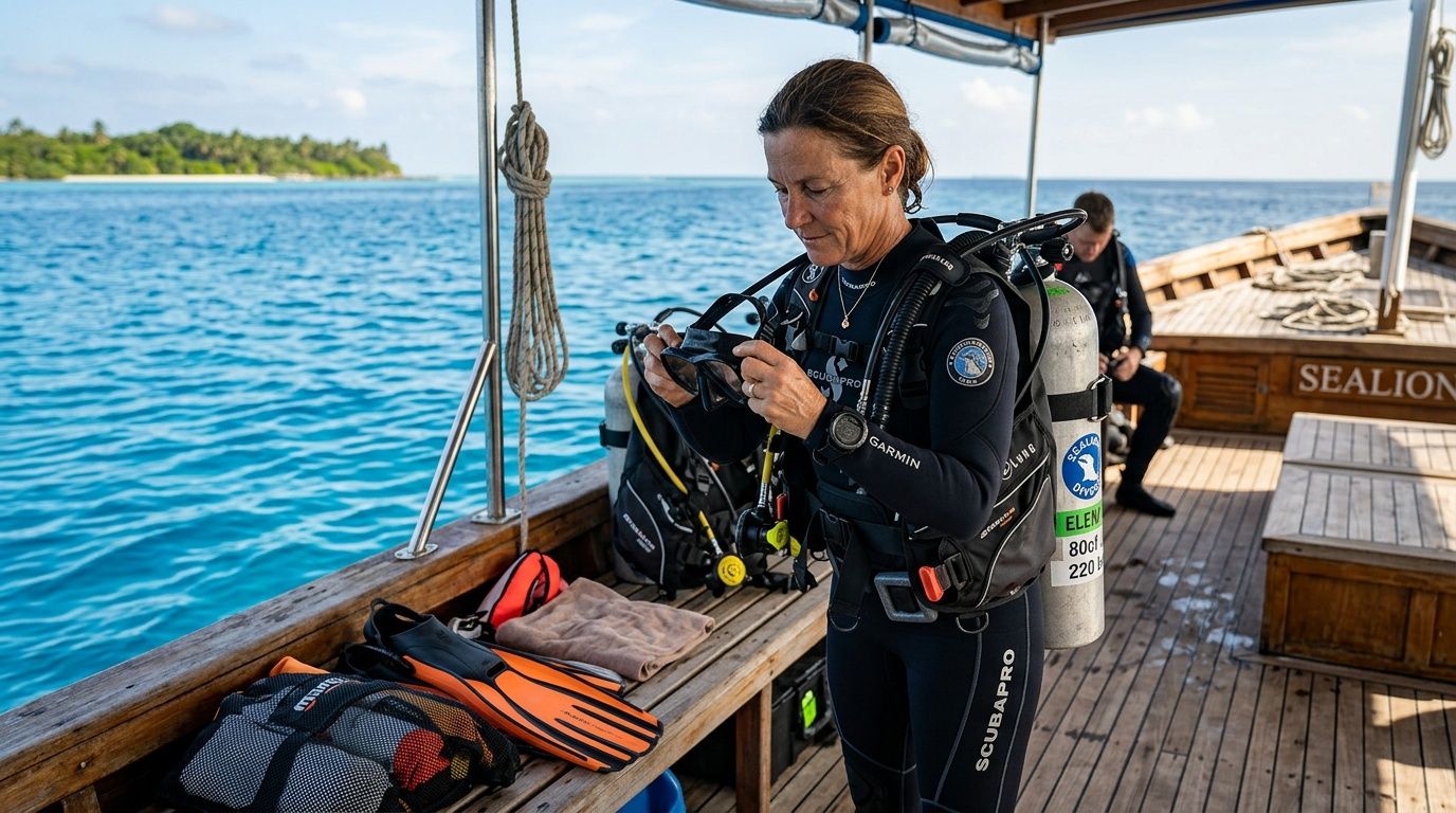 A female scuba diver prepares her equipment and mask on the deck of a boat before diving.