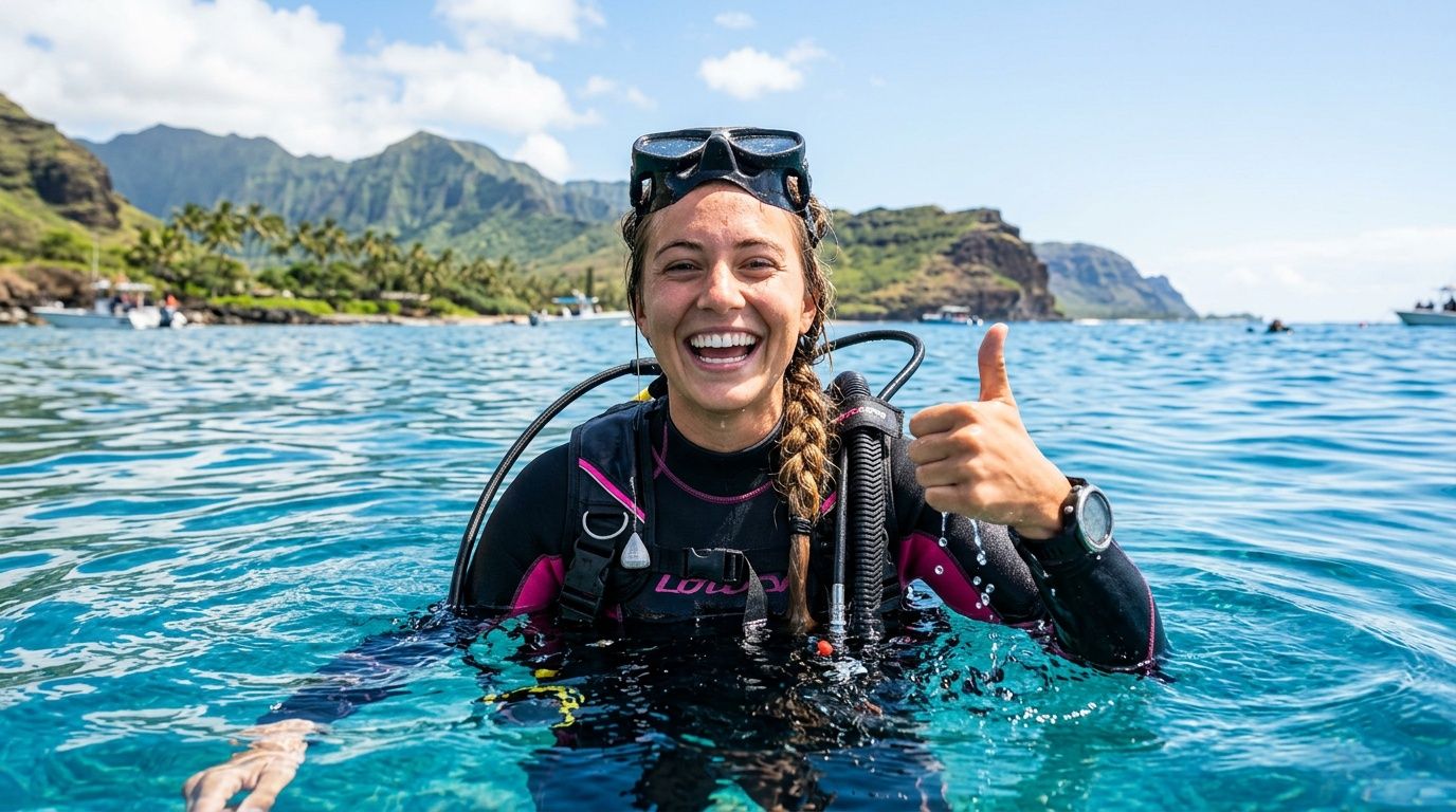 A cheerful female scuba diver smiling and giving a thumbs up sign while floating in tropical water.