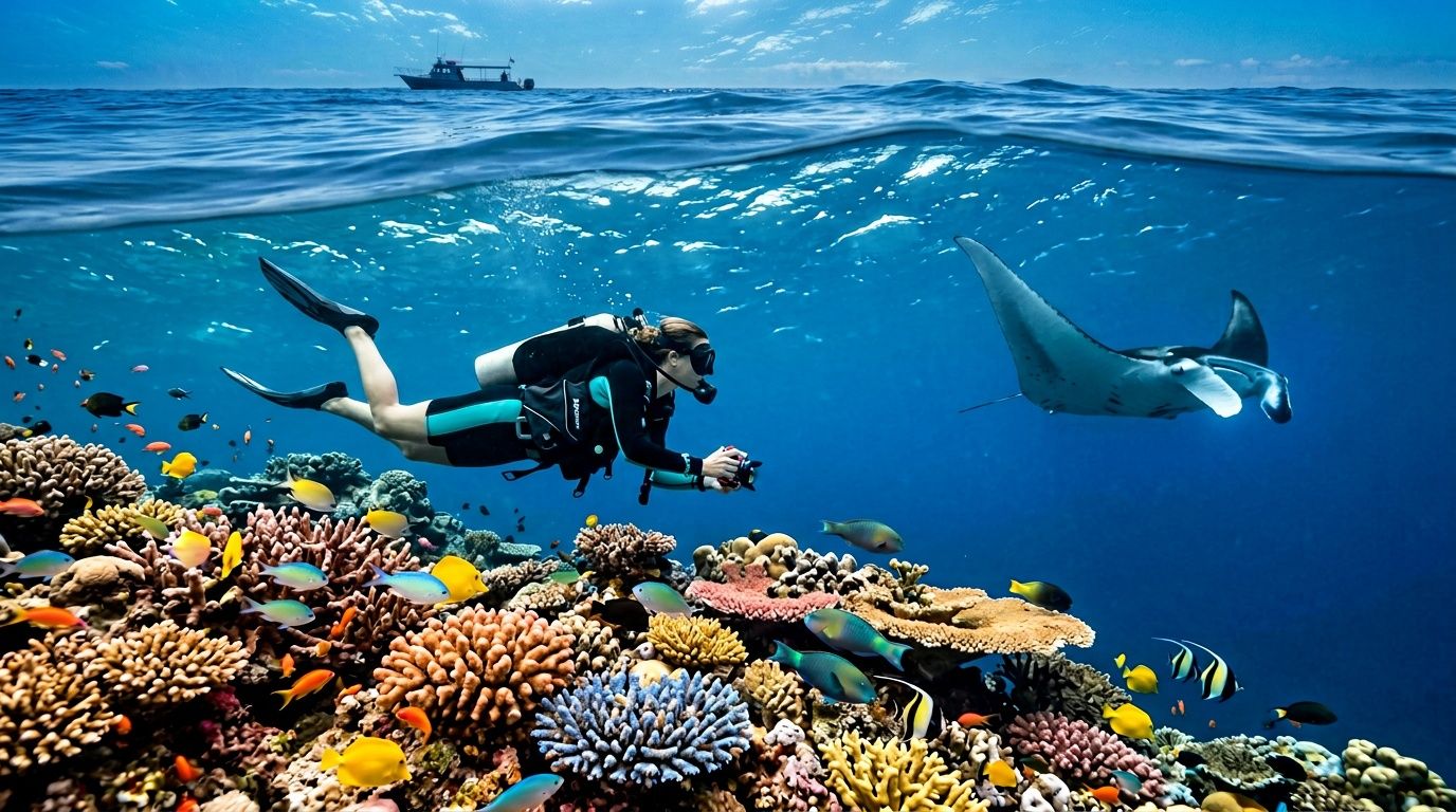 A scuba diver photographs a graceful manta ray swimming above a colorful coral reef in the ocean.