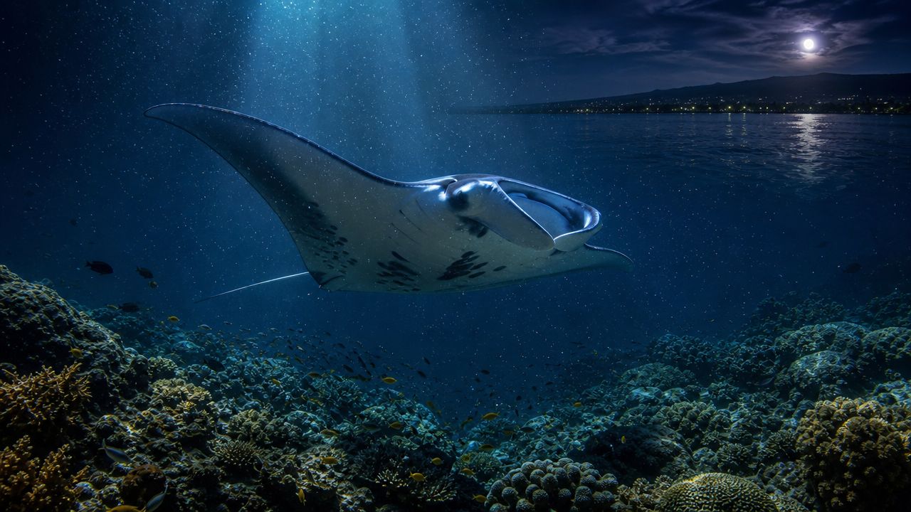 A majestic manta ray swimming over a coral reef at night under a glowing full moon.