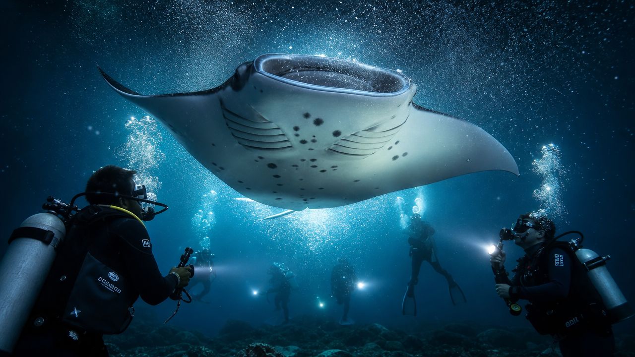 Scuba divers use underwater lights to observe a large manta ray swimming in deep blue ocean waters.