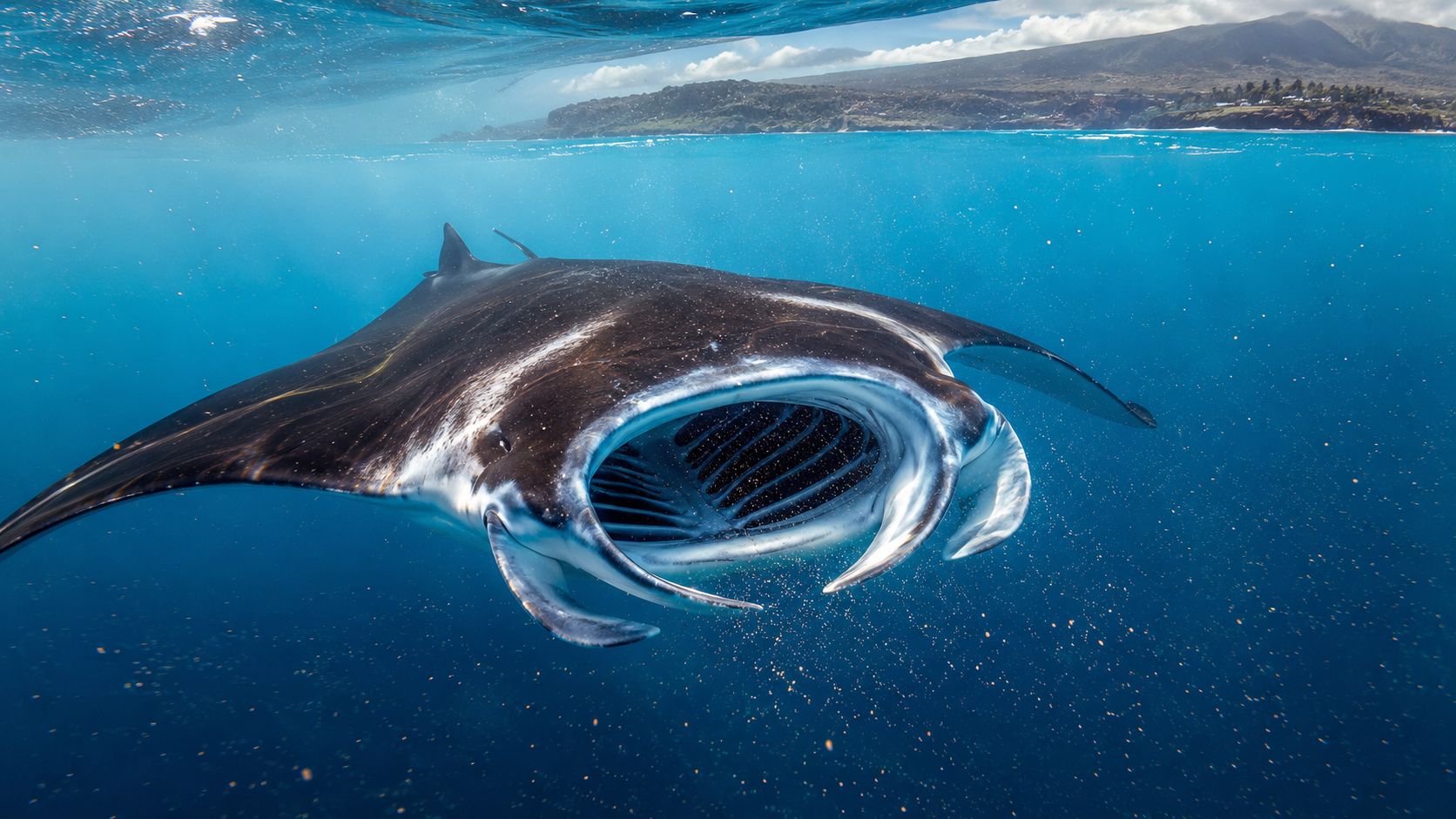 A majestic manta ray swimming with its mouth wide open near the coast of Hawaii