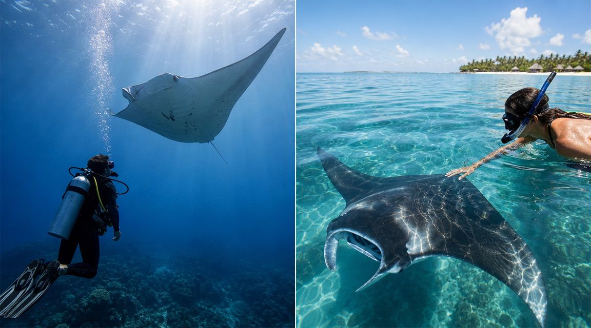 A scuba diver swims near a manta ray, while a snorkeler touches one in shallow tropical water.