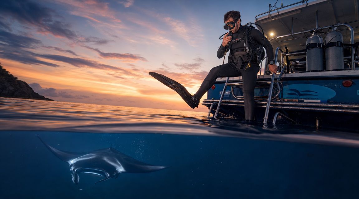 A scuba diver prepares to enter the water from a boat next to a swimming manta ray.