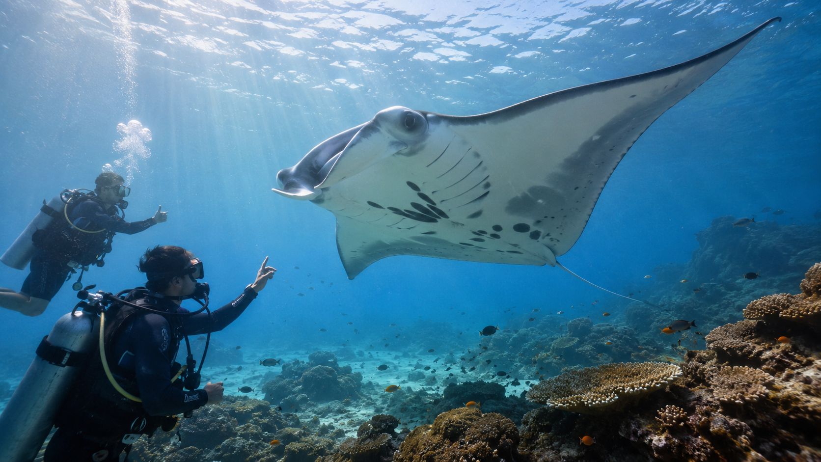 Scuba divers swimming underwater near a large majestic manta ray among a colorful coral reef.