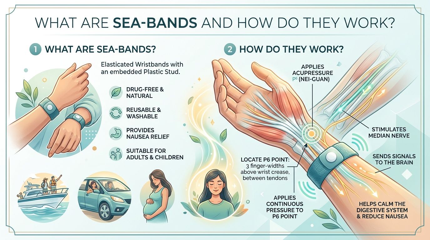 An infographic explaining how Sea-Bands use acupressure on the wrist to provide drug-free nausea relief.