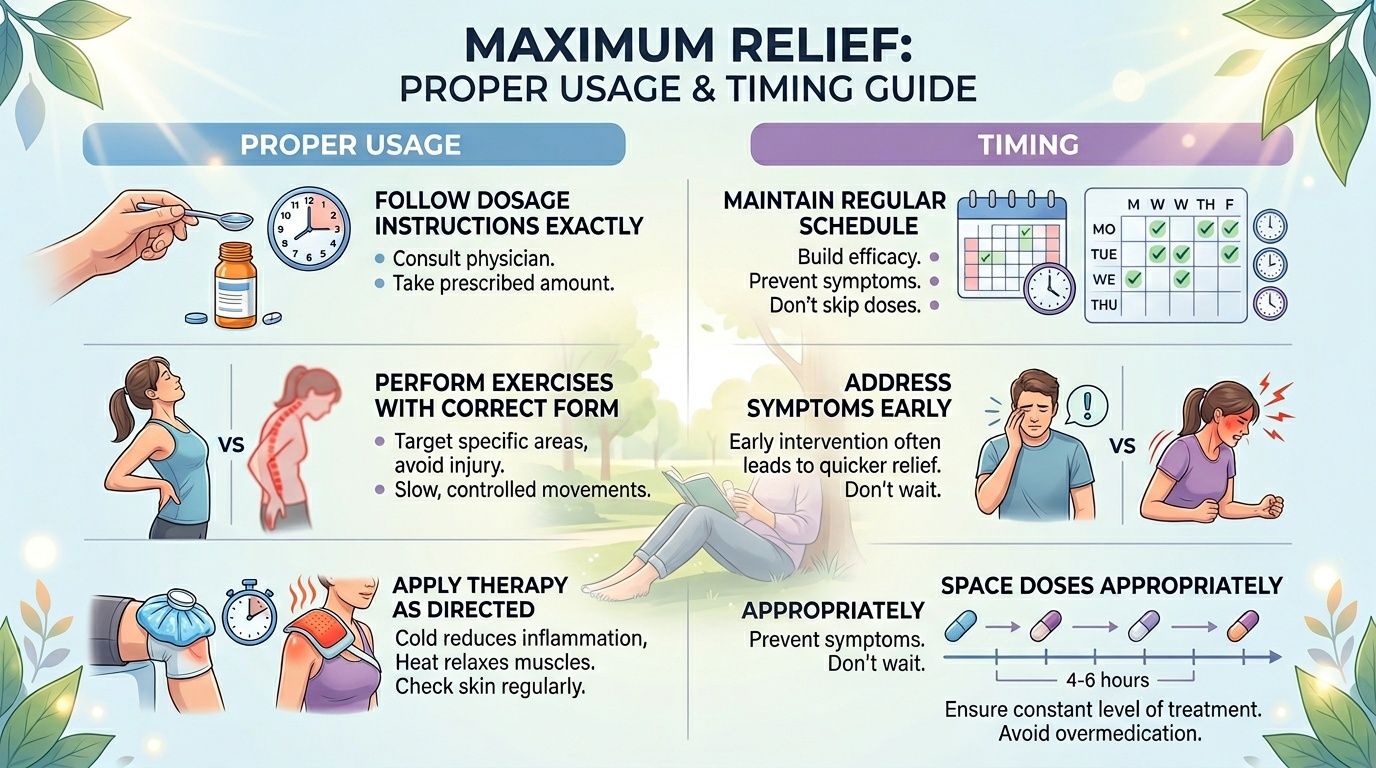 A detailed infographic providing guidance on proper medication dosage, exercise techniques, and timing for optimal symptom relief.