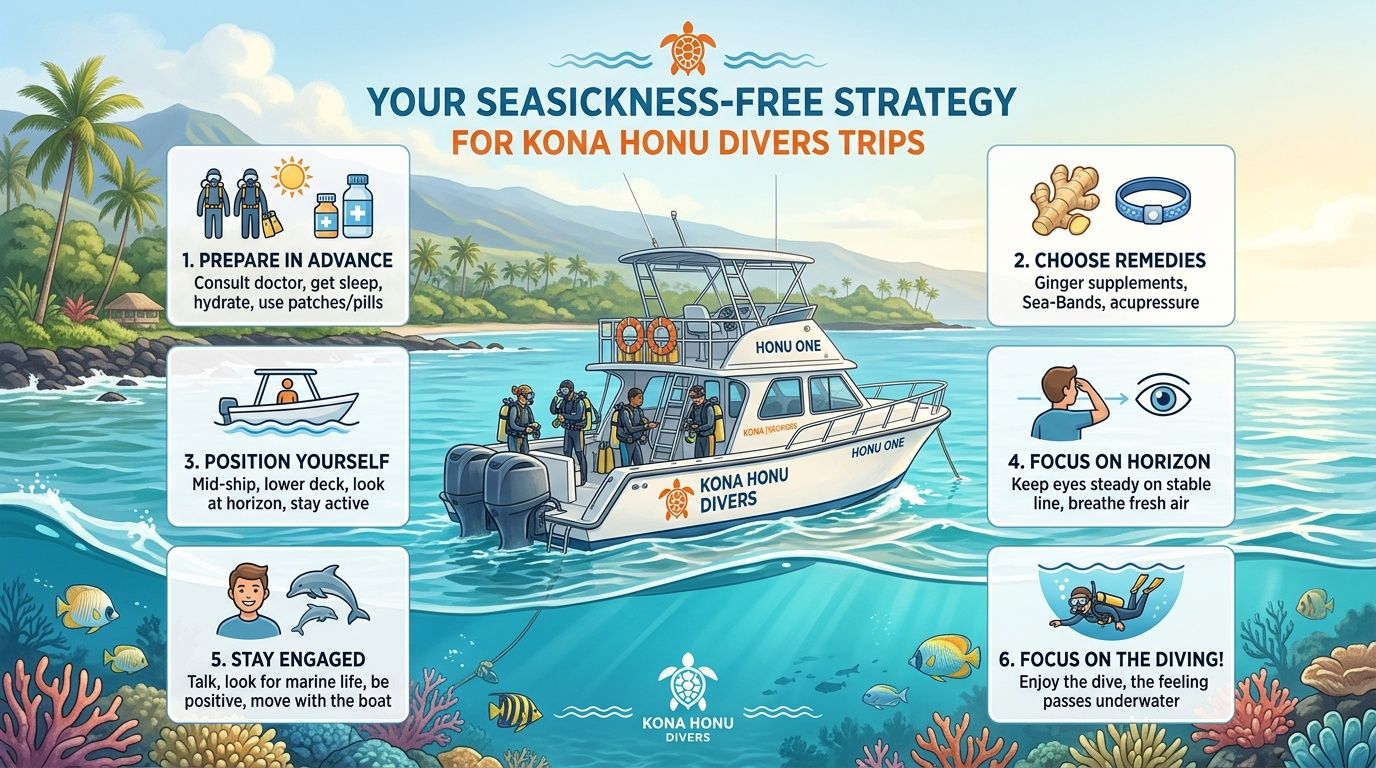 An infographic titled your seasickness-free strategy for Kona Honu Divers trips featuring six helpful tips for divers.