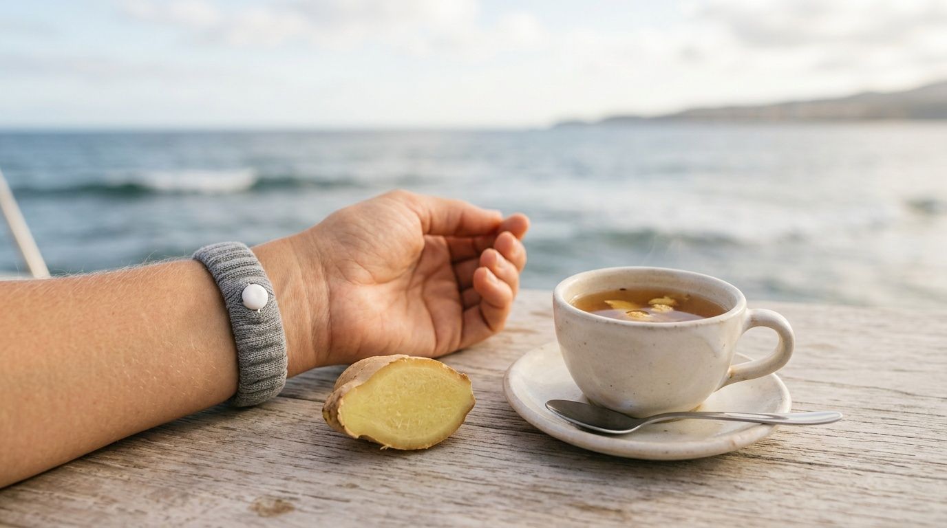 A person wearing an anti-nausea acupressure wristband sitting at a table with ginger and a warm drink.