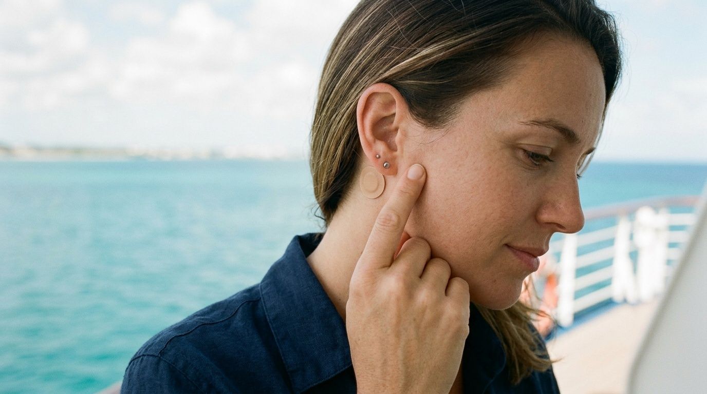 A woman applying a small circular motion sickness patch behind her ear on a cruise ship deck.
