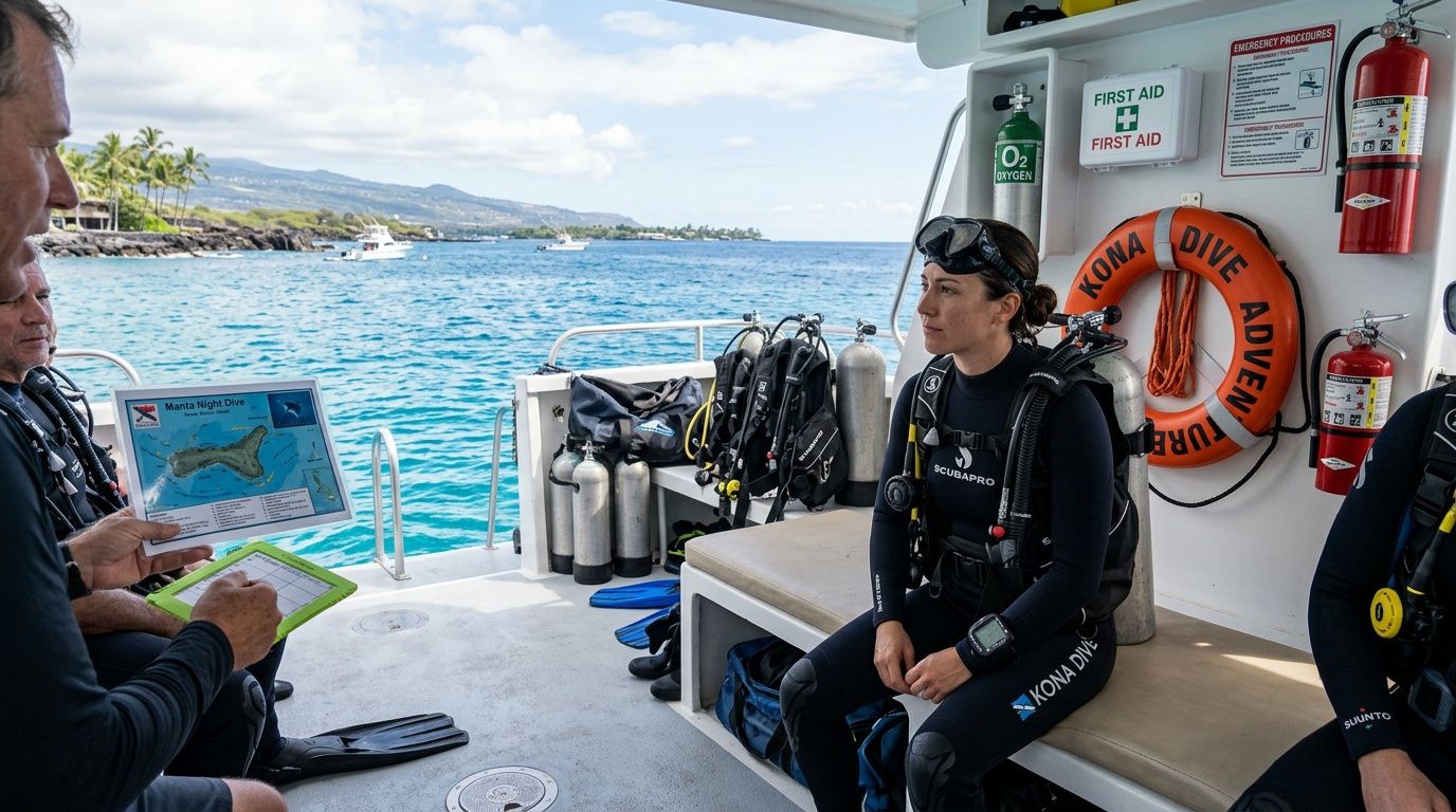 A dive instructor explains a Manta night dive map to passengers on a boat in Hawaii.