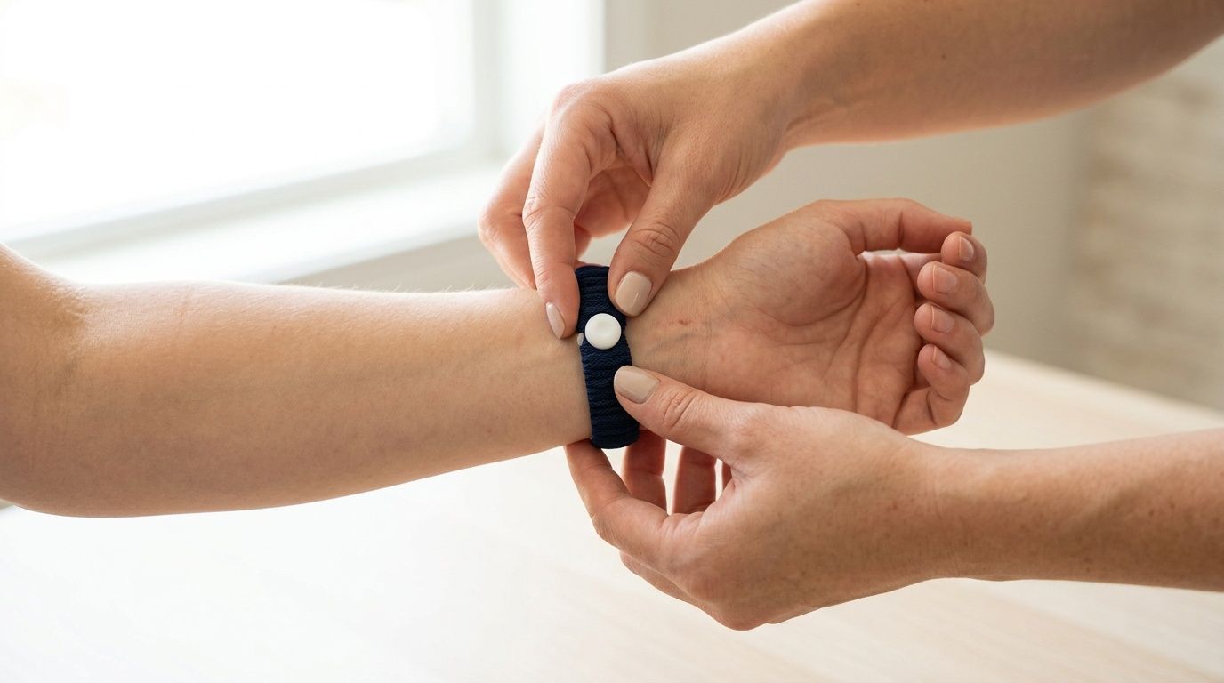 A caregiver helps place a blue acupressure sea sickness bracelet on a person's wrist for nausea relief.