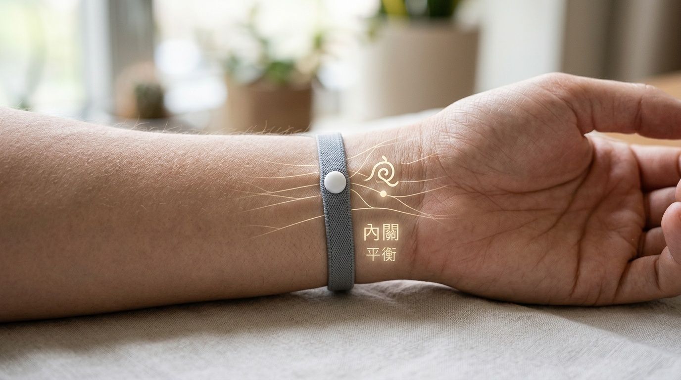 A close-up view of an acupressure sea sickness bracelet worn on a person's wrist for balance.