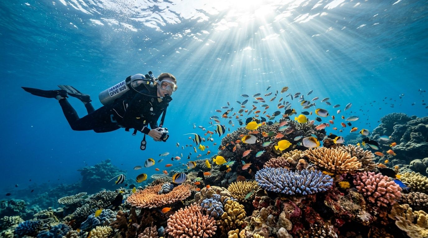A scuba diver explores a vibrant coral reef filled with colorful tropical fish under shimmering ocean sunlight.