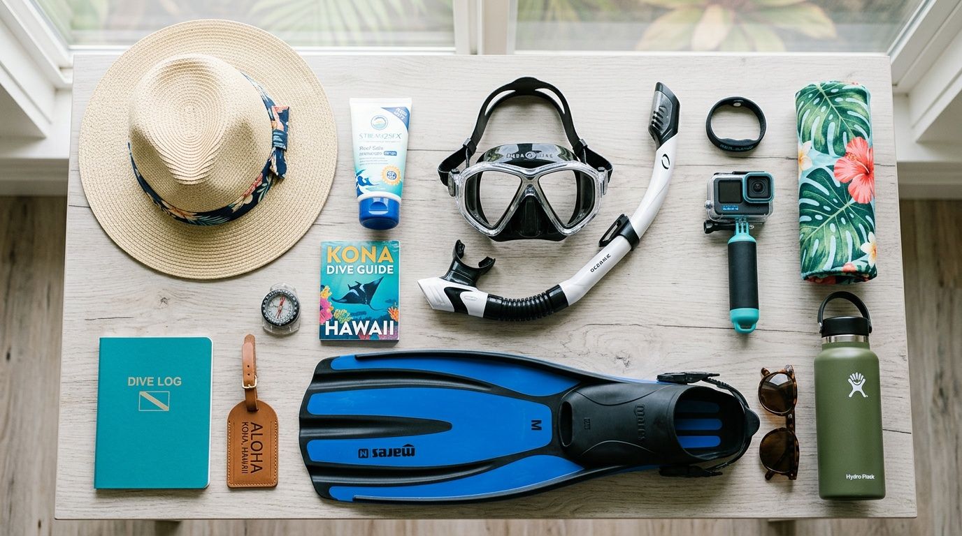 A flat lay of vacation gear including a sun hat, snorkel set, fins, camera, and dive log.