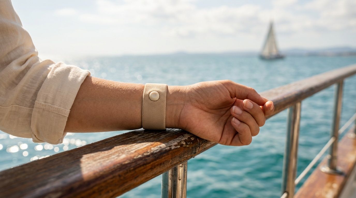 A person wearing a beige acupressure wristband to prevent motion sickness while relaxing on a boat deck.