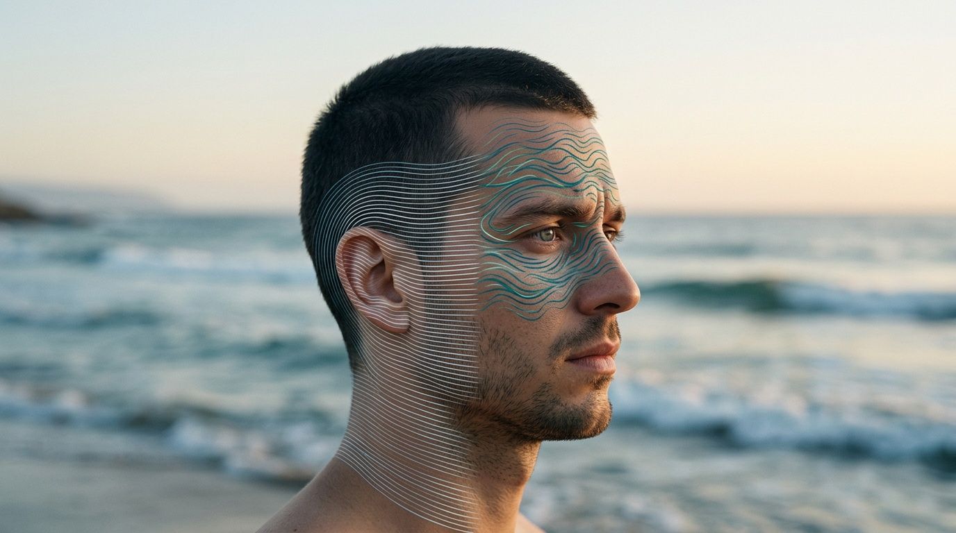 A young man looking at the sea with abstract digital sound wave lines on his face.